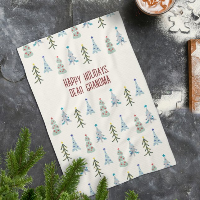 Hand-drawn Scandinavian Christmas trees  Tea Towel (Scandinavian Christmas trees kitchen towel, personalize it with your text, gifts for grandparents)