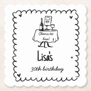 Hand Drawn Scribble Cocktail 30th, 40th Birthday Paper Coaster