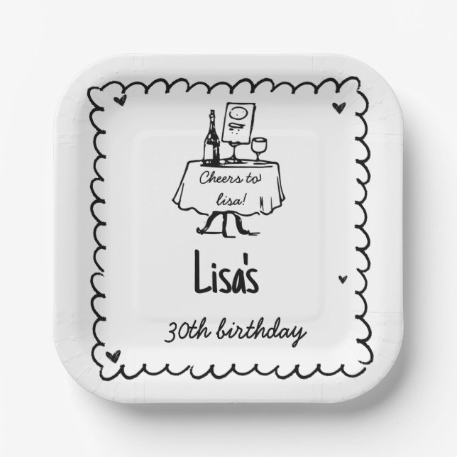 Hand Drawn Scribble Cocktail 30th, 40th Birthday Paper Plate (Front)