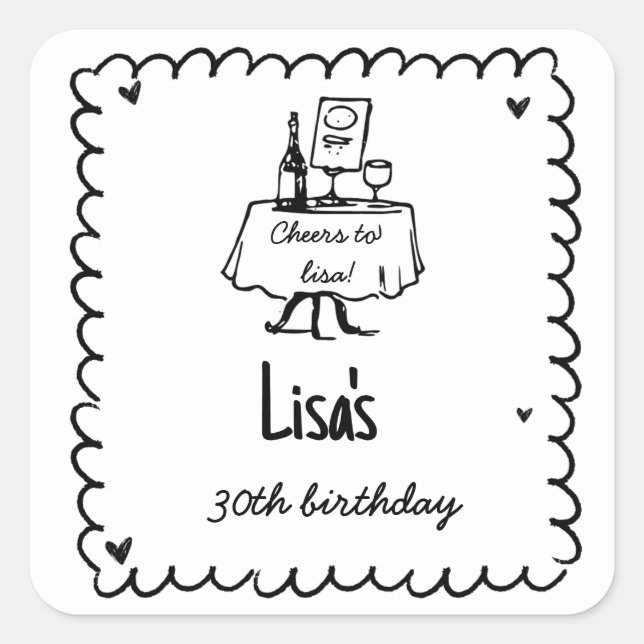 Hand Drawn Scribble Cocktail 30th, 40th Birthday Square Sticker (Front)