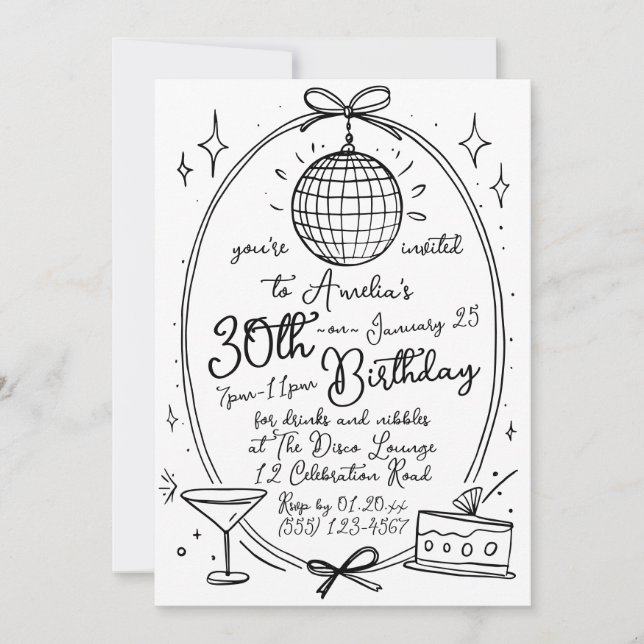 Hand Drawn Scribble Cocktail 30th Any Age Invitation (Front)