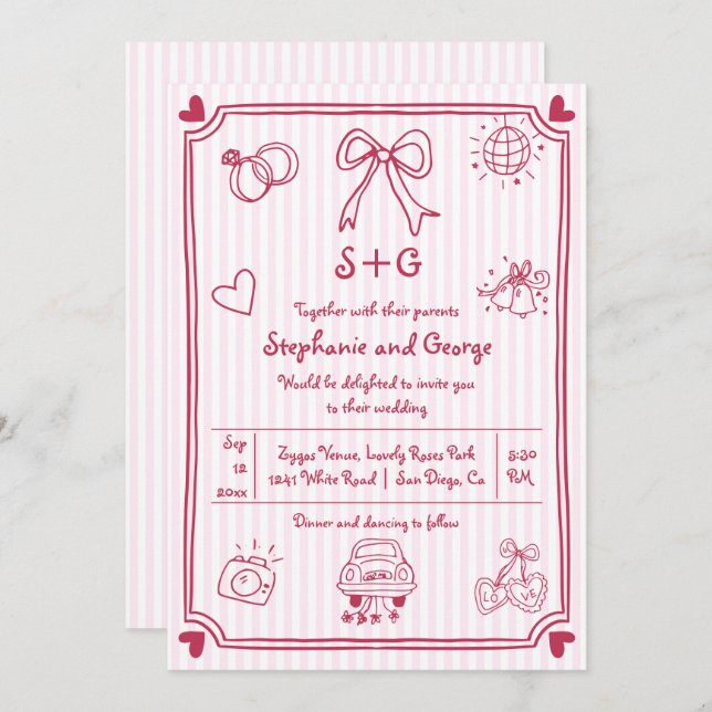 Hand drawn scribble doodle pink QR code wedding Invitation (Front/Back)