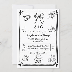 Hand drawn scribble doodle QR whimsical wedding Invitation