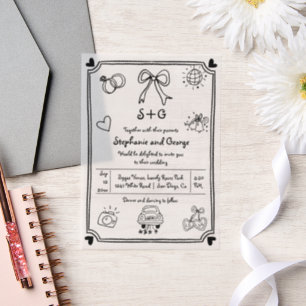 Hand drawn scribble doodle whimsical wedding Vellum Invitations