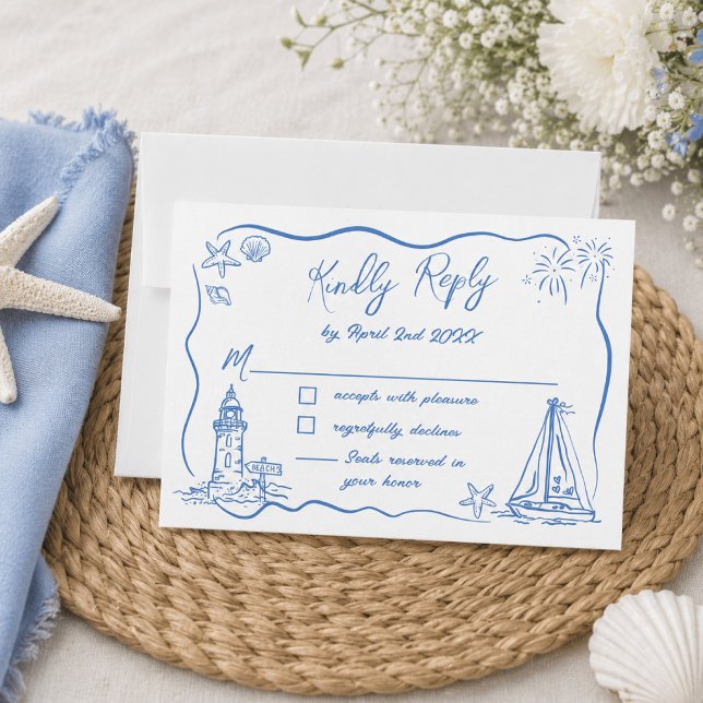 Hand Drawn Scribble Doodles Beach Coastal Wedding  RSVP Card (Creator Uploaded)