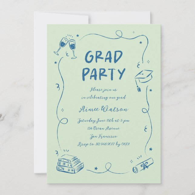 Hand-Drawn Scribble Doodles Graduation Party Green Invitation (Front)