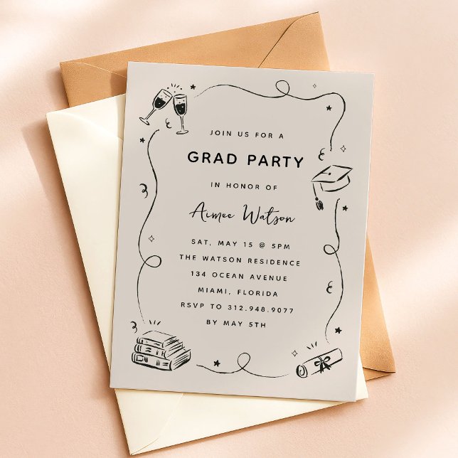 Hand-Drawn Scribble Doodles Graduation Party Invitation (whimsical scribble doodles graduation party invitation)