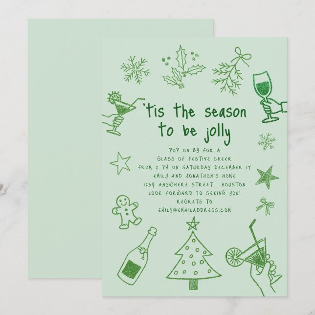 Hand Drawn Scribble Glitter Green Christmas Party Invitation (Front/Back)