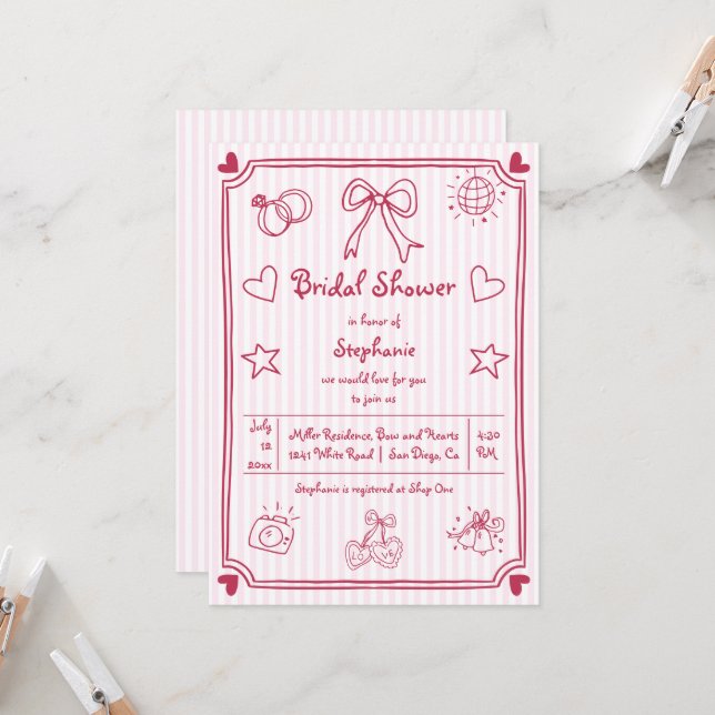  Hand drawn scribble pink stripes bridal shower Invitation (Front/Back In Situ)