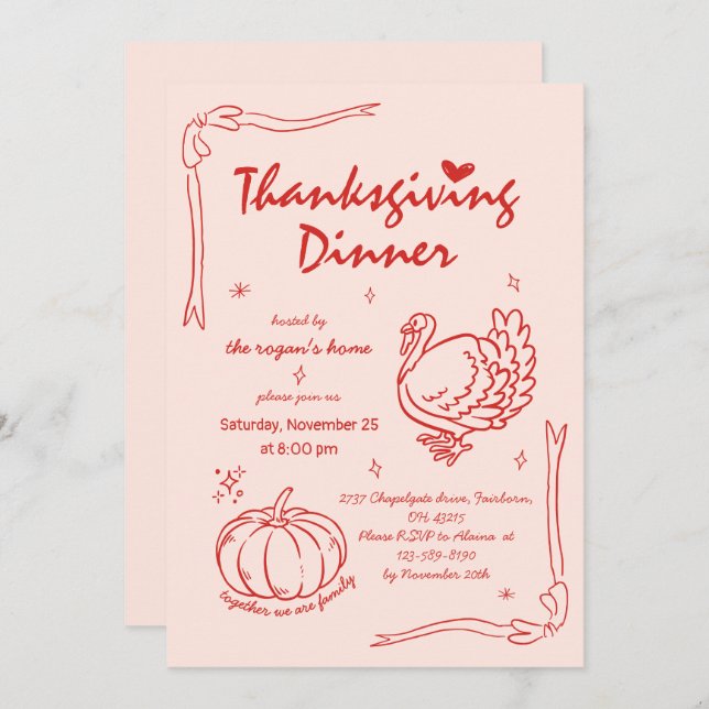 Hand Drawn Scribble Pumpkin Turkey Thanksgiving  Invitation (Front/Back)
