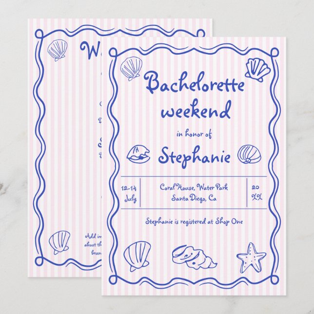 Hand drawn scribble sea shells pink bachelorette invitation (Front/Back)