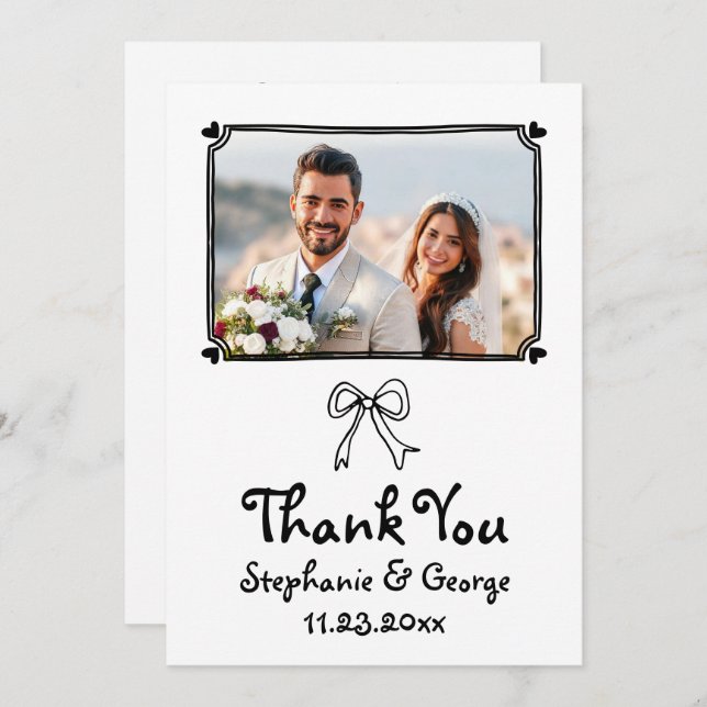  Hand drawn scribble whimsical photo wedding Thank You Card (Front/Back)