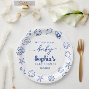Hand drawn sea you soon, under the sea baby shower paper plate