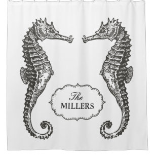 Hand Drawn Seahorse with Vintage Frame Text Shower Curtain