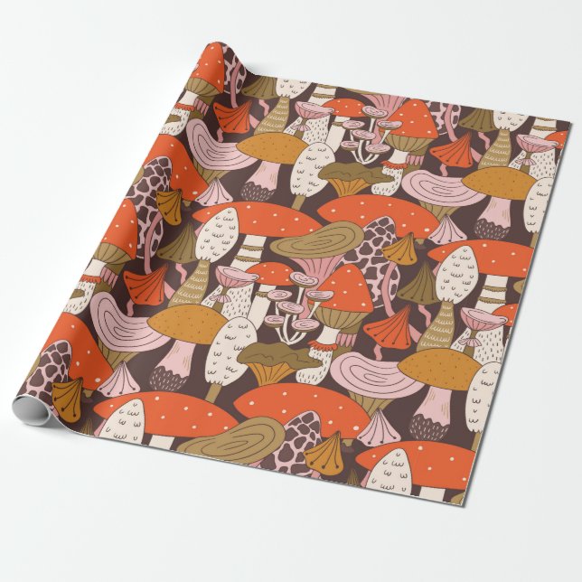 Hand drawn seamless pattern of mushroom and toadst wrapping paper (Unrolled)