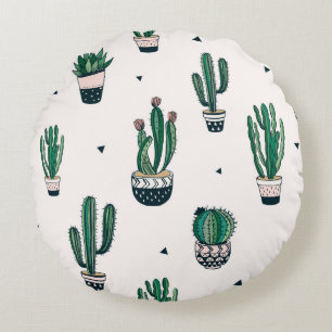 Hand drawn seamless pattern with cacti and succule round cushion