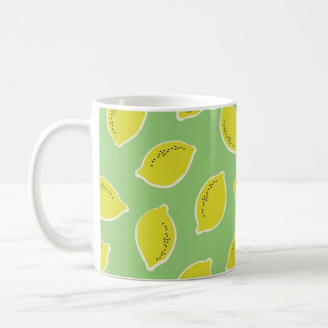 Hand drawn seamless pattern with lemons in yellow, coffee mug (Left)