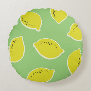 Hand drawn seamless pattern with lemons in yellow, round cushion