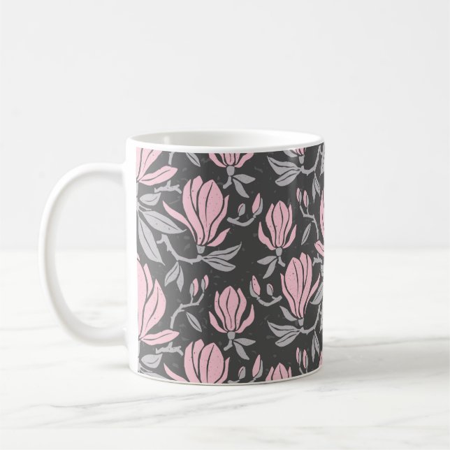 Hand-drawn seamless pattern with magnolia flowers. coffee mug (Left)