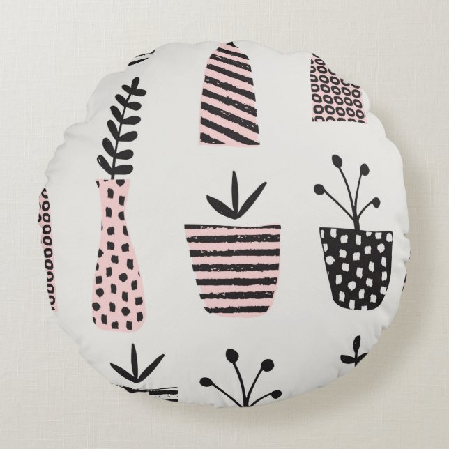 Hand drawn seamless pattern with plants in black,c round cushion (Front)