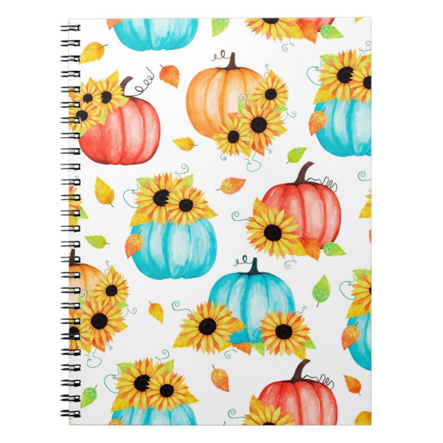 Hand drawn seamless pattern with sunflowers pumpki notebook (Front)