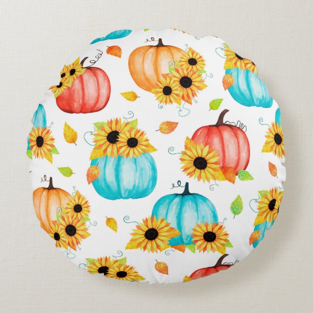 Hand drawn seamless pattern with sunflowers pumpki round cushion (Front)