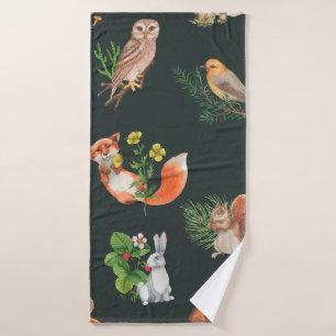 Hand drawn seamless pattern with watercolor forest bath towel