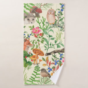 Hand drawn seamless pattern with watercolor forest bath towel