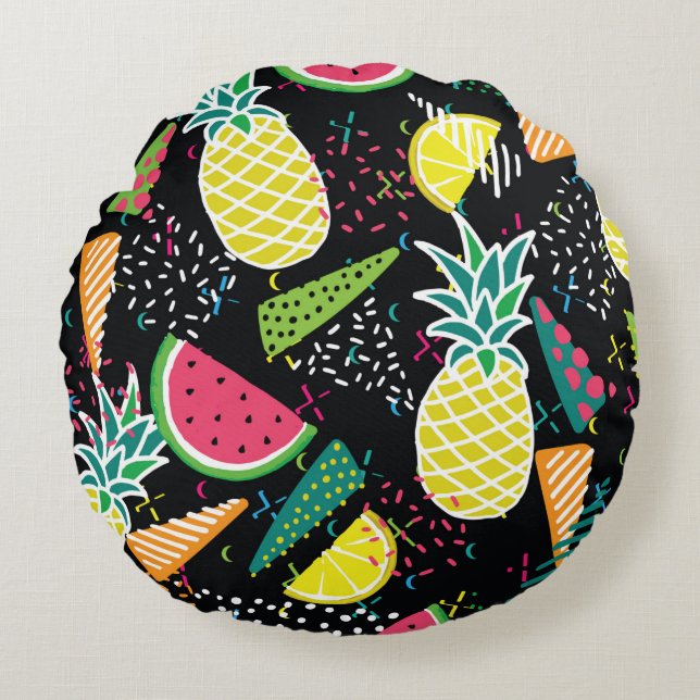 Hand drawn seamless pattern with  watermelon pinea round cushion (Front)