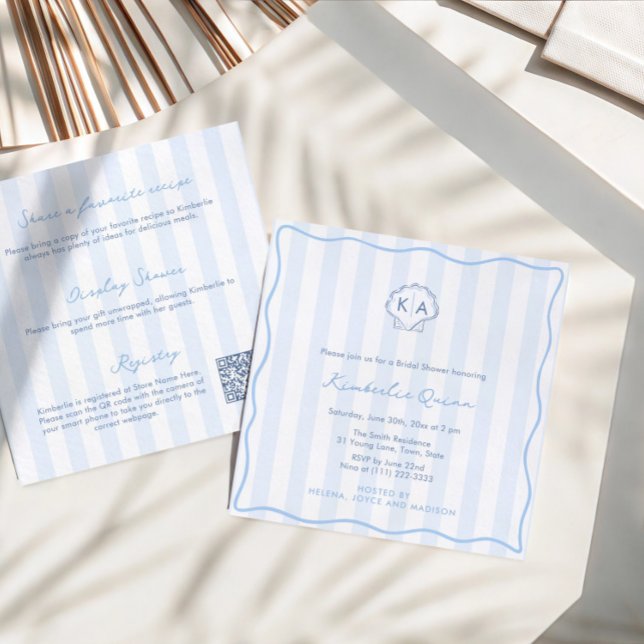 Hand-Drawn Seashell Monogram Coastal Bridal Shower Invitation (Modern hand-drawn seashell monogram double-sided coastal blue and white bridal shower invitation)