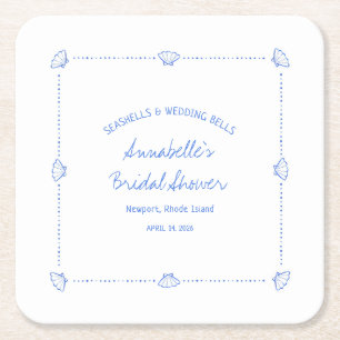 Hand Drawn Seashells & Wedding Bells Bridal Shower Square Paper Coaster