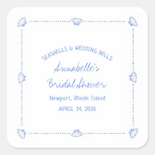 Hand Drawn Seashells & Wedding Bells Bridal Shower Square Sticker