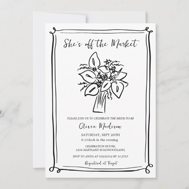 Hand Drawn "She's off the Market" Bridal Shower  Invitation (Front)
