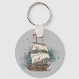 Hand Drawn Ship In Bow Wave On Splash Background Key Ring
