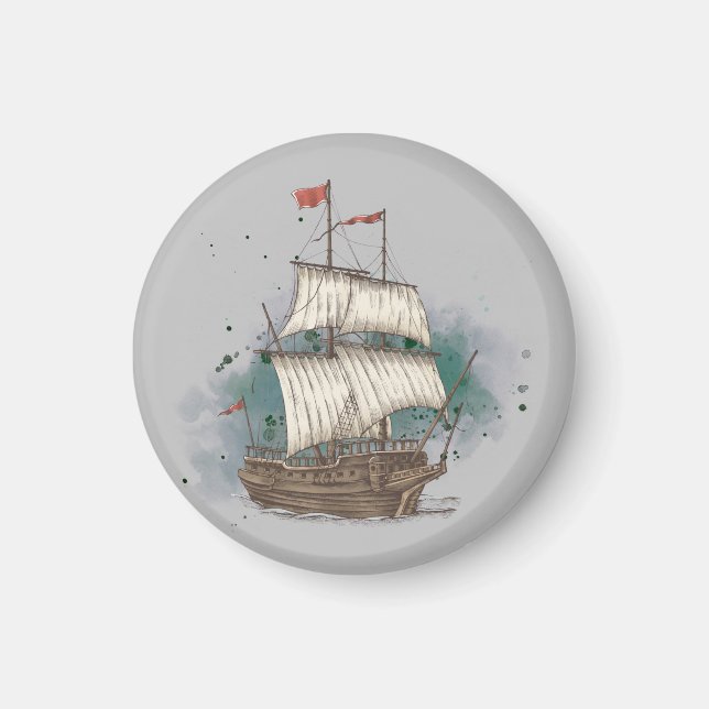 Hand Drawn Ship In Bow Wave On Splash Background   Magnet (Front)