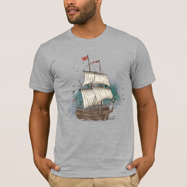 Hand Drawn Ship In Bow Wave On Splash Background   T-Shirt (Front)