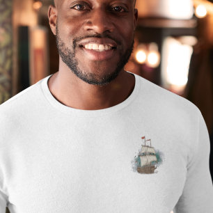 Hand Drawn Ship In Bow Wave On Splash Background T-Shirt