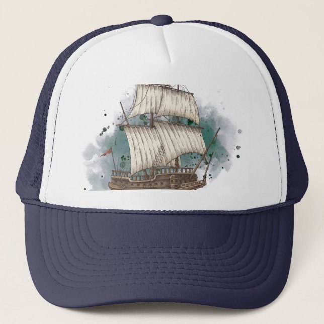 Hand Drawn Ship In Bow Wave On Splash Background   Trucker Hat (Front)