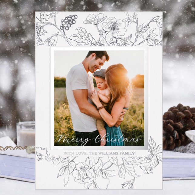 Hand Drawn Silver & White Floral Christmas Foil Holiday Card (Hand drawn floral Christmas Holiday Photo card with silver foil wildflowers with white background)