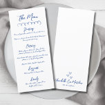 Hand Drawn Simple Blue Whimsical Wedding Menu<br><div class="desc">Simple European Inspired Blue and White Wedding Dinner Menu. This minimalist wedding menu card keeps the design clean and understated, letting the handwritten script shine. A simple squiggle line at the top adds a subtle accent, while the rest of the front showcases your menu details in an elegant mix of...</div>
