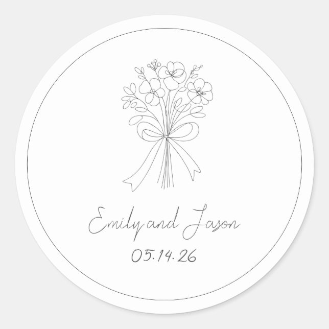 Hand Drawn Simple Flower and Bow Whimsical Wedding Classic Round Sticker (Front)