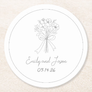 Hand Drawn Simple Flower and Bow Whimsical Wedding Round Paper Coaster