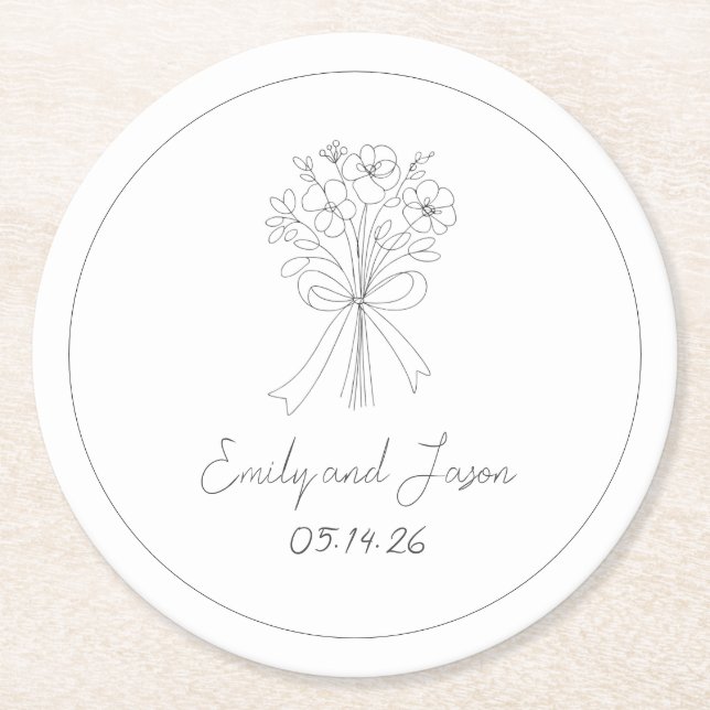 Hand Drawn Simple Flower and Bow Whimsical Wedding Round Paper Coaster (Front)