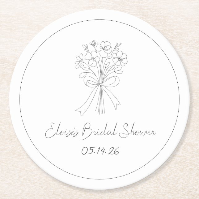 Hand Drawn Simple Flowers and Bow Bridal Shower Round Paper Coaster (Front)