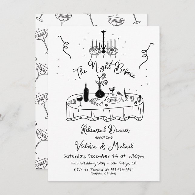 Hand Drawn Sketc The Night Before Rehearsal Dinner Invitation (Front/Back)