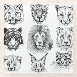 Hand Drawn Sketch Animal Portraits Glass Coaster