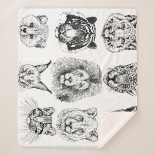 Hand Drawn Sketch Animal Portraits Sherpa Blanket