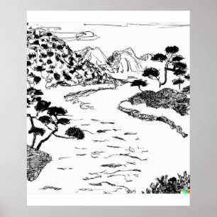  hand drawn sketch of flowing river in Ukiyo-E art Poster