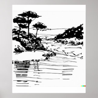 hand drawn sketch of flowing river in Ukiyo-E art Poster