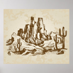 Hand-drawn sketch. Typical landscape desert of Ari Poster